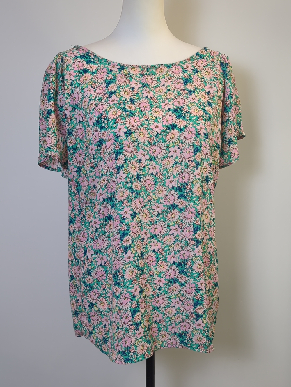 Lily White Teal Pink Ditsy Floral Scoop Neck Flutter Short Sleeve Blouse XL